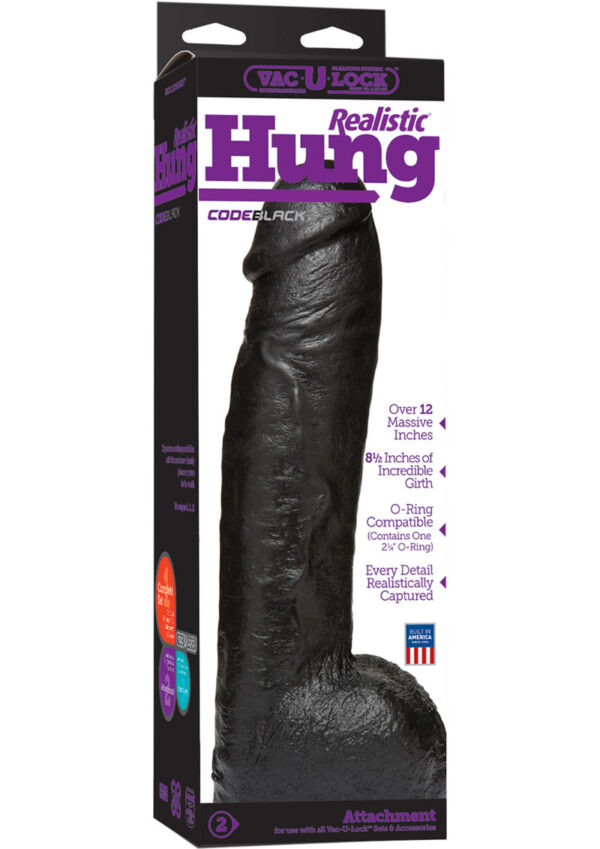 Vac U Lock Codeblack Realistic Hung Cock With Balls Attachment Black 12 Inch