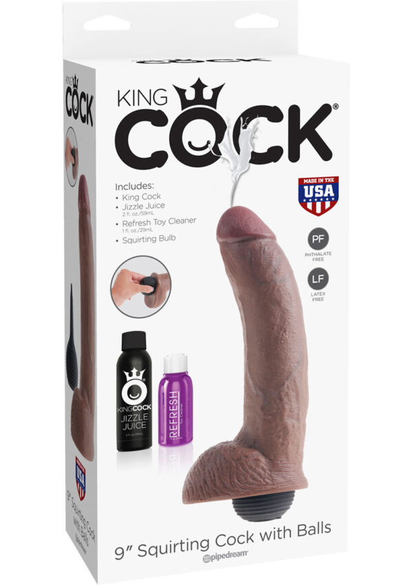 King Cock Squirting Dildo With Balls Dildo Waterproof Brown 9 Inches