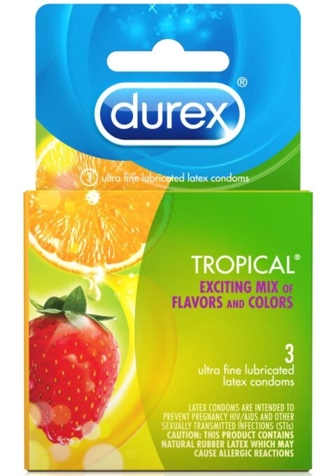 Durex Condoms Tropical Assorted Flavors And Colors 3 Each Per Box.