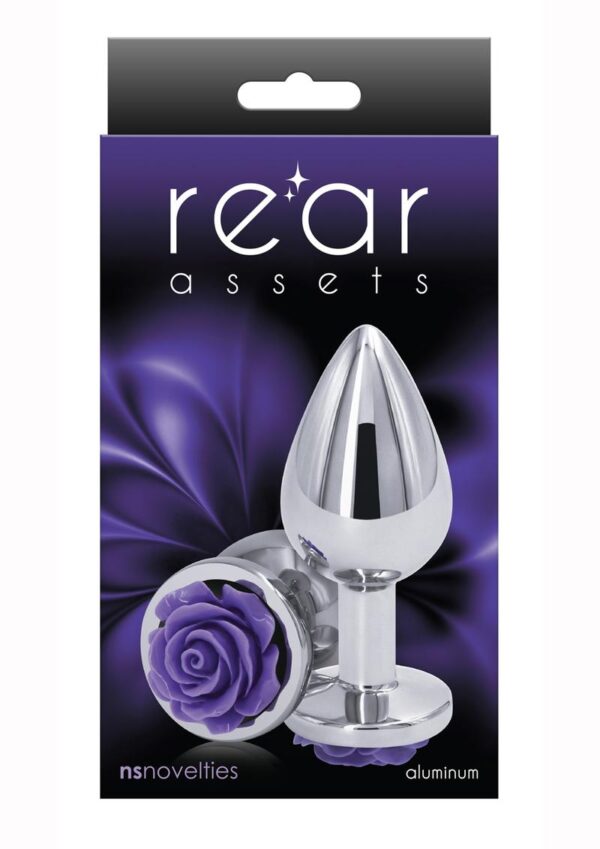 Rear Assets Rose Aluminum Anal Plug - Medium - Purple/Silver