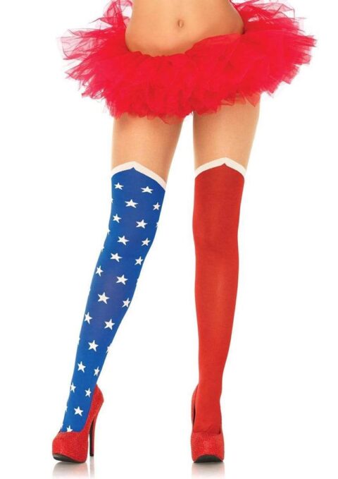 Leg Avenue Hero Opaque Tights with Sheer Thigh - O/S - Blue/Red