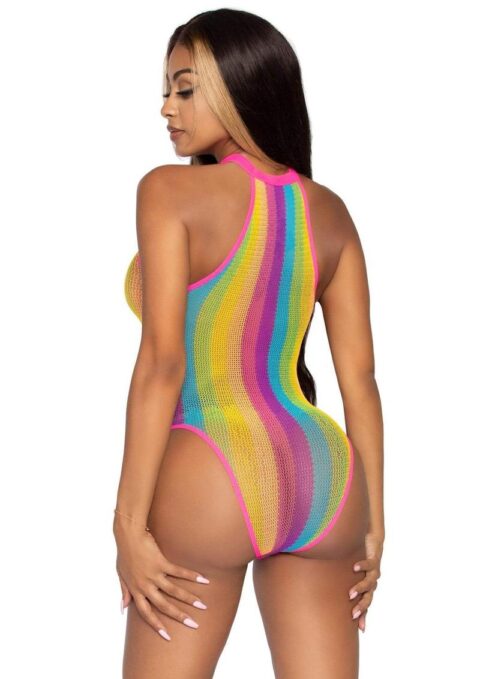 Leg Avenue Rainbow Striped Halter Bodysuit with Snap Crotch - Multicolor