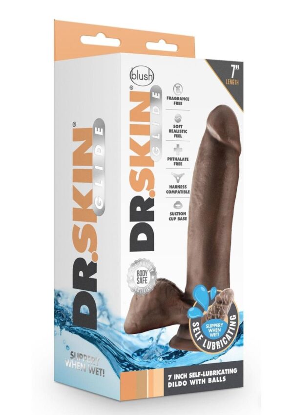 Dr. Skin Glide Self Lubricating Dildo with Balls 7in - Chocolate