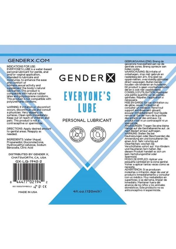 Gender X Everyone`s Lube Water Based Lubricant 4oz