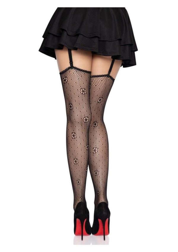 Leg Avenue Daisy Dot Fishnet Stockings with Scalloped Top - O/S - Black