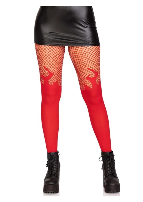 Leg Avenue Opaque Flame Tights with Fishnet Top - O/S - Red