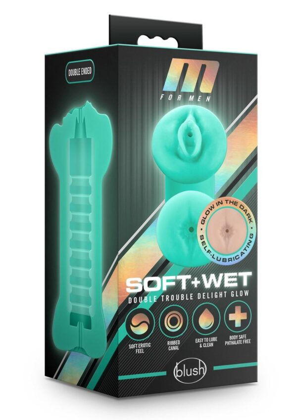 M for Men Soft and Wet Double Trouble Glow In The Dark Masturbator - Turquoise/Vanilla