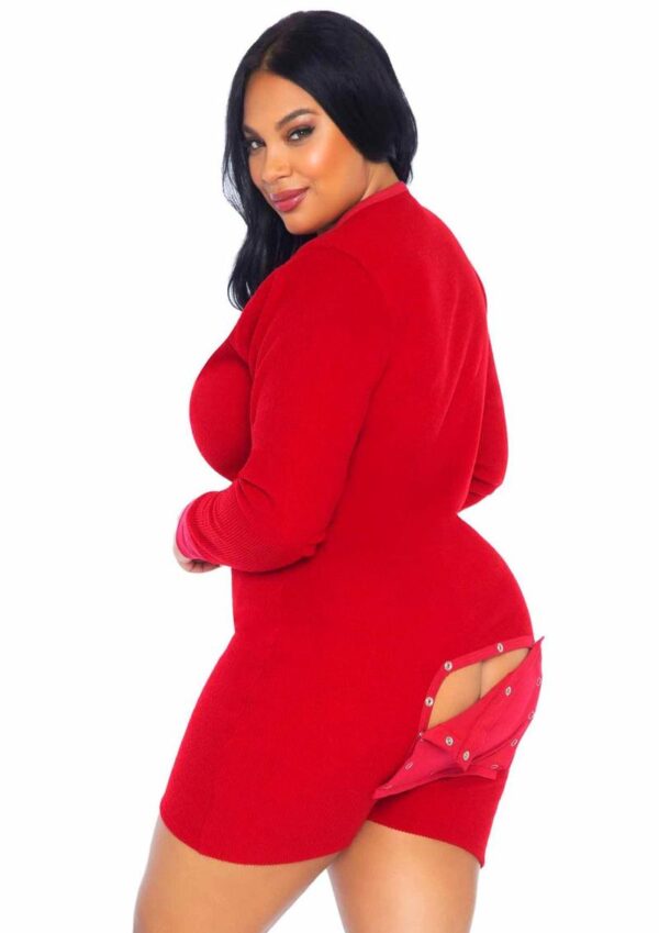 Leg Avenue Brushed Rib Romper Long Johns with Cheeky Snap Closure Back Flap - 1X/2X - Red