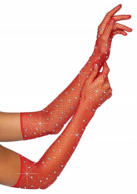 Leg Avenue Rhinestone Fishnet Opera Length Gloves - O/S - Red