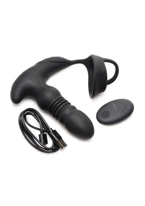 Thunder Plugs Rechargeable 10X Thrusting Silicone Vibrator with Cock and Ball Strap - Black