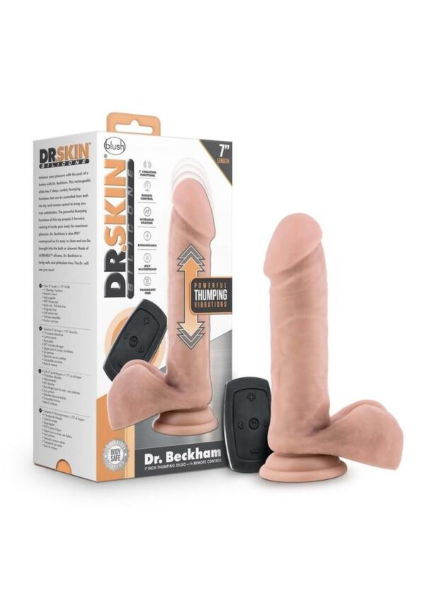 Dr. Skin Silicone Dr. Beckham Rechargeable Thumping Dildo with Remote Control 7in - Vanilla