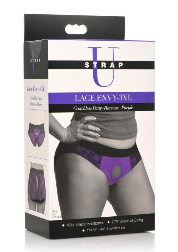 Strap U Lace Envy Lace Crotchless Panty Harness - XXXLarge - Purple/Black