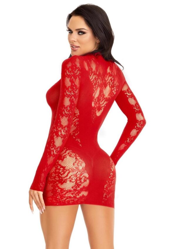 Leg Avenue Lace Keyhole Mini Dress with Opaque Panel Detailing and Gloved sleeves - O/S - Red