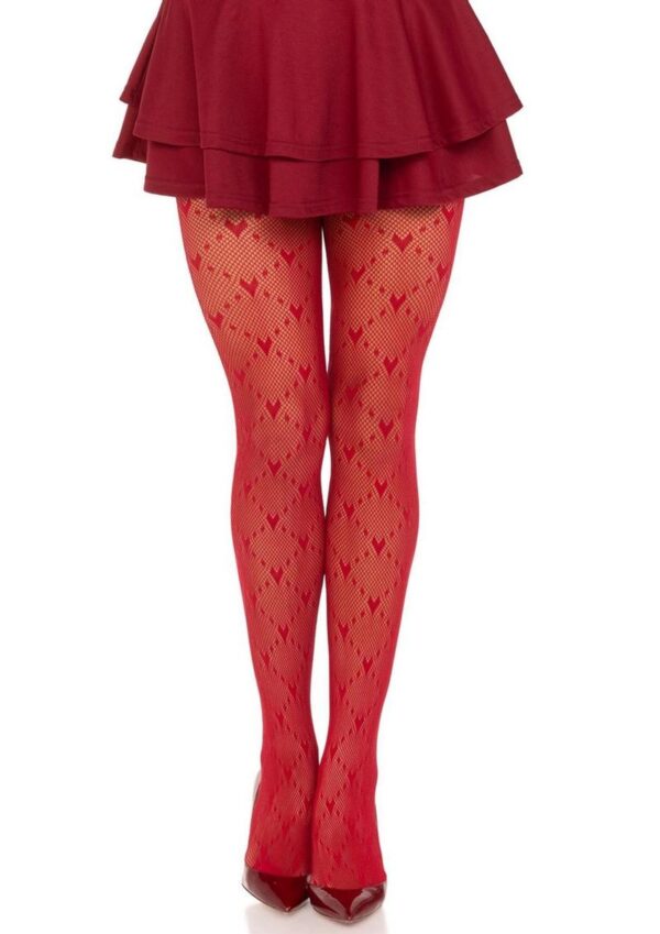 Leg Avenue Love Struck Heart Net Tights - O/S - Red