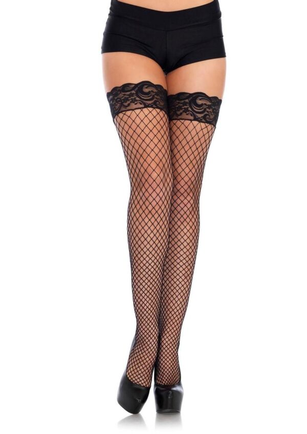 Leg Avenue Spandex Industrial Net Thigh Highs with Stay Up Silicone Lace Top - 1X/2X - Black