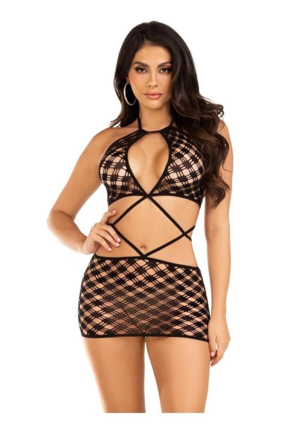 Leg Avenue Keyhole Halter Hardcore Net Mini Dress - O/S - Black