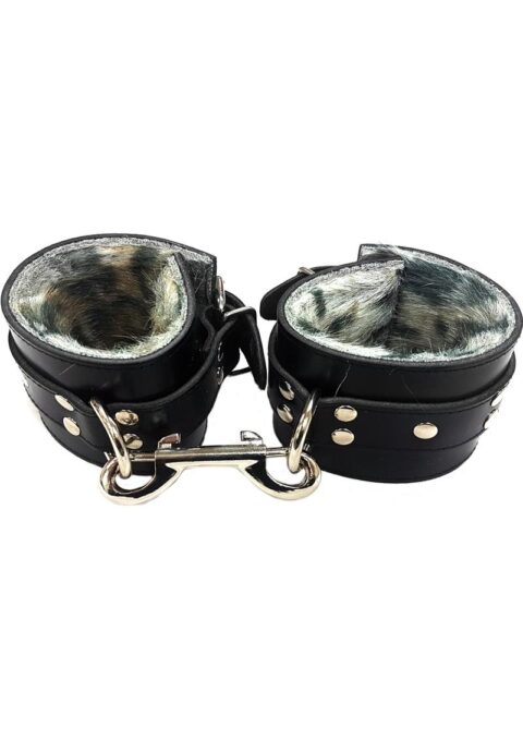 Rouge Leather Wrist Cuffs with Faux Fur Lining - Black and Leopard Print