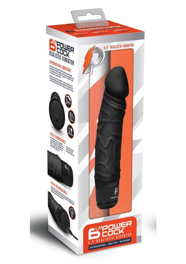 Powercocks Silicone Rechargeable Realistic Vibrator 6.5in - Black