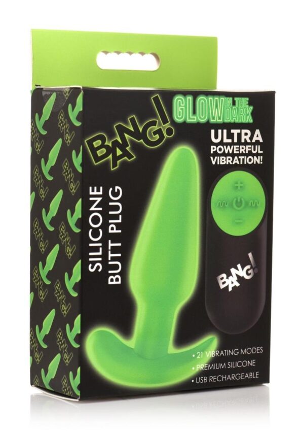 Bang! 21X Glow in The Dark Rechargeable Silicone Butt Plug with Remote - Green