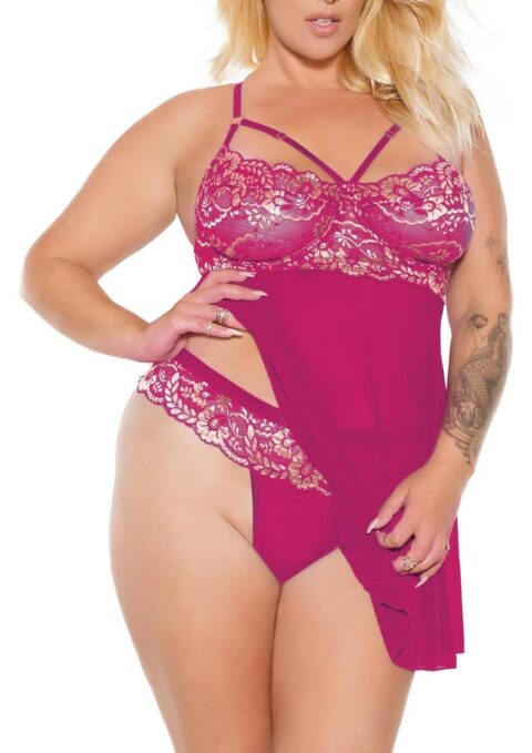 Pink Pussycat Babydoll and Thong - XLarge - Pink/Rose Gold