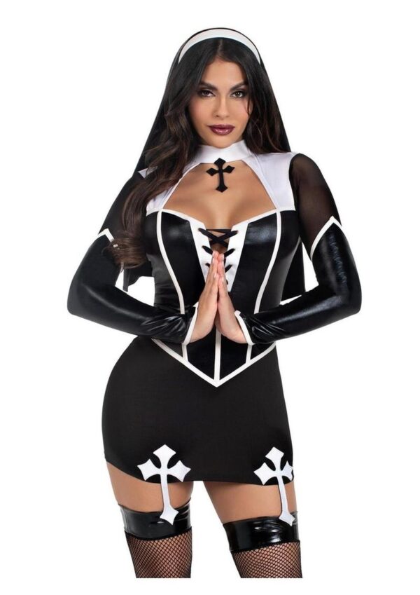 Leg Avenue Holy Hottie Set Boned Garter Dress with Cross Accents and Nun Habit (2 Piece) - Small - Black/White