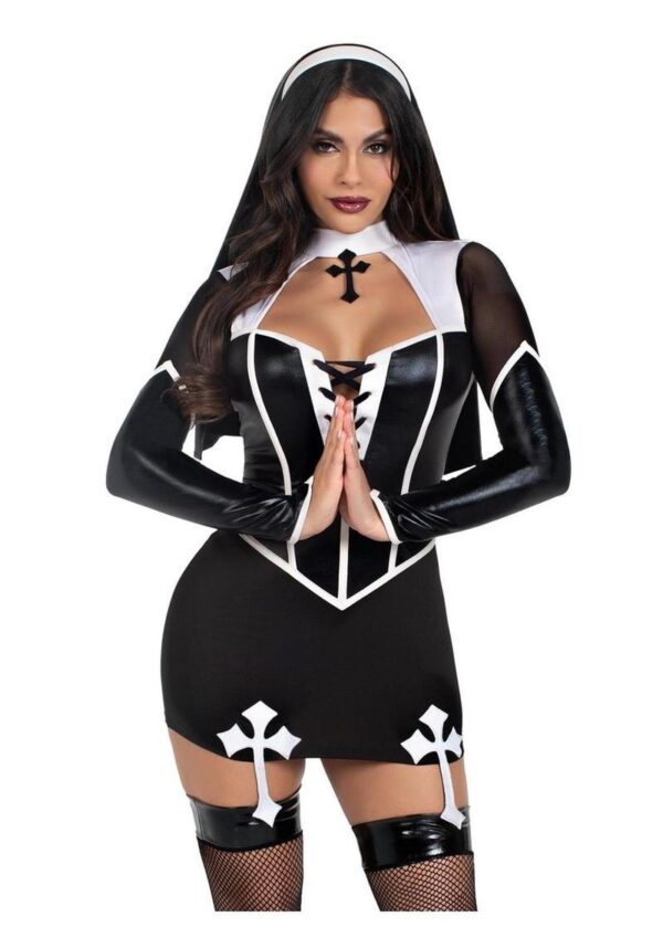 Leg Avenue Holy Hottie Set Boned Garter Dress with Cross Accents and Nun Habit (2 Piece) - Medium - Black/White