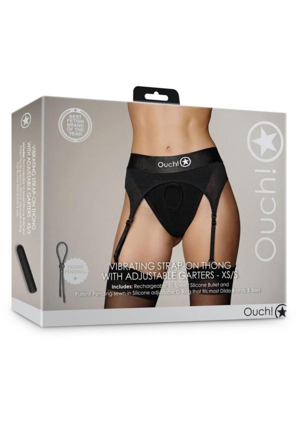 Ouch! Vibrating Strap-On Thong with Adjustable Garters Rechargeable - XS/SM - Black