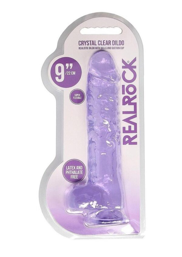 RealRock Crystal Clear Dildo with Balls 9in - Purple