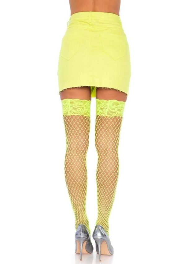 Leg Avenue Spandex Industrial Net Thigh Highs with Stay Up Silicone Lace Top - O/S - Neon Yellow