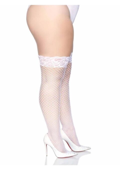 Leg Avenue Spandex Industrial Net Thigh Highs with Stay Up Silicone Lace Top - 1X/2X - White