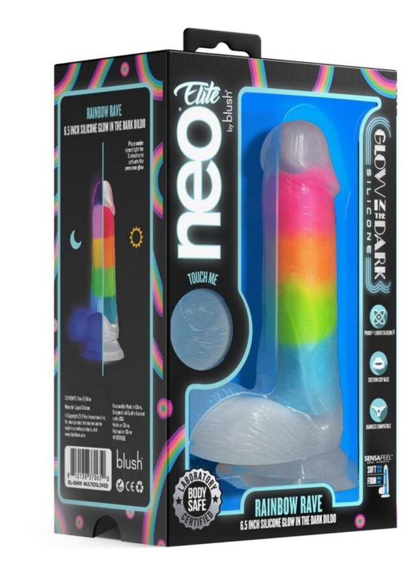 Neo Elite Glow in the Dark Silicone Rainbow Rave Dildo 6.5in - Multicolor