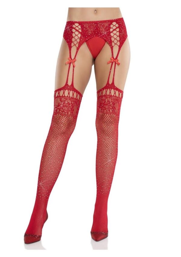 Leg Avenue Rhinestone Lace Top Fishnet Stockings with Attached Garter Belt - OS - Red