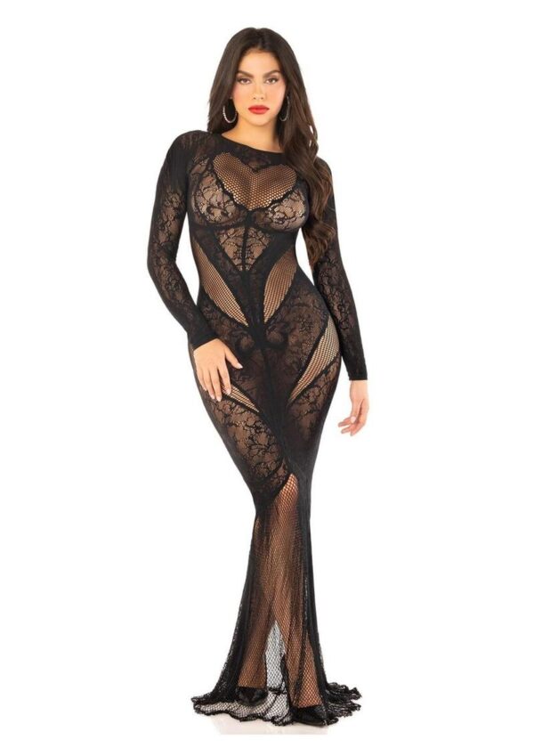 Leg Avenue Lace and Net Body Con Gown with Heart Keyhole Detail - OS - Black